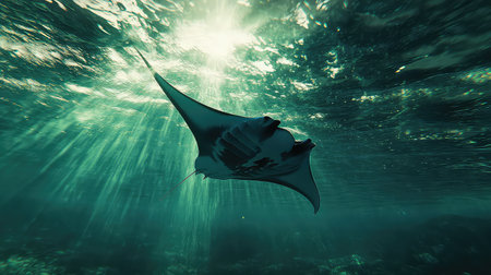A stunning manta ray gracefully glides through crystal-clear ocean waters, illuminated by sunbeams, showcasing the beauty of marine life and the tranquility of underwater exploration.の素材