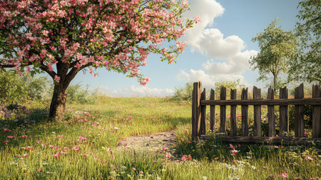 A tranquil spring landscape featuring a blooming cherry tree beside a rustic wooden fence. Soft clouds drift in a bright blue sky, enhancing nature's beauty.の素材
