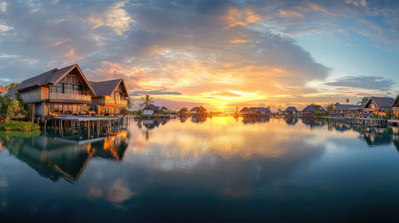 A stunning panoramic view of overwater bungalows during sunset, creating a perfect blend of colors reflected on the calm water, enhancing the tranquil atmosphere.の素材