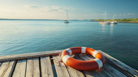 A peaceful coastal scene featuring a bright lifebuoy resting on a wooden pier with calm waters and boats in the distance under a clear evening sky.の素材