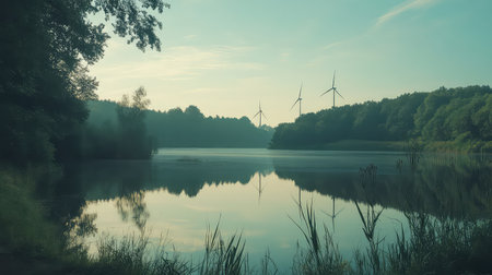 A calming view of a tranquil lake surrounded by lush forest, with wind turbines gracefully reflecting in the water during a peaceful dawn.の素材