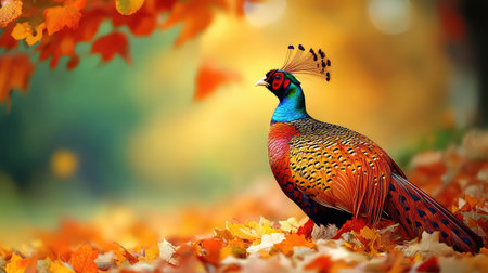 A stunning peacock displays its vibrant feathers amidst a backdrop of colorful autumn leaves, showcasing nature's beauty and harmonious colors in this serene moment.の素材