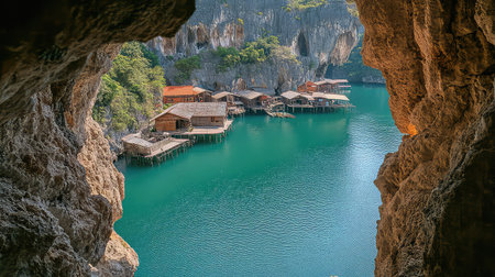 A breathtaking view from within a cave showing floating wooden houses on clear turquoise water, surrounded by majestic rocky cliffs and lush greenery.の素材