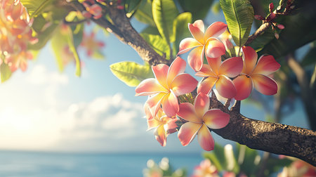 A stunning display of tropical plumeria flowers in full bloom on a branch with a soft ocean backdrop, ideal for conveying beauty and tranquility.の素材