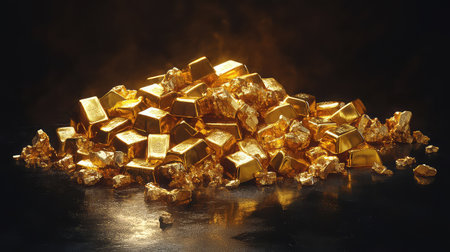 A captivating image showcasing a pile of gold bars and nuggets, emphasizing luxury and opulence against a dark, atmospheric background.の素材