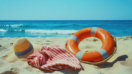 This beautiful beach scene features a sunhat, striped towel, and an orange lifebuoy resting on soft sand, perfect for summer relaxation by the ocean.の素材