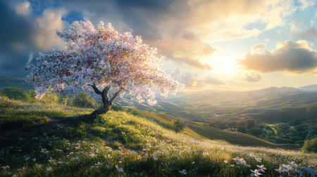 A stunning cherry blossom tree stands majestically under a vibrant sunset, with rolling hills covered in soft grass and colorful flowers, creating a serene landscape.の素材