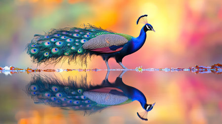 A magnificent peacock strides gracefully past a calm water surface, showcasing its vibrant plumage against a colorful backdrop of nature.の素材