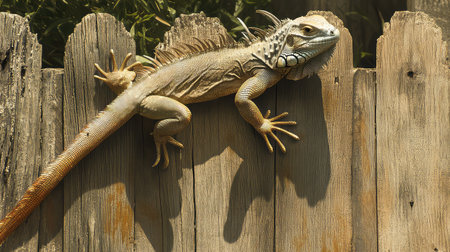 A unique lizard relaxes on a rustic wooden fence, showcasing its vibrant scales and intricate textures in bright sunlight, perfect for showcasing nature.の素材