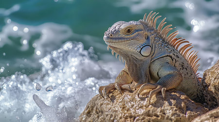 A detailed view of a colorful iguana resting on a rock by the ocean. Bright sunlight reflects off its scales as waves crash nearby, showcasing nature's beauty.の素材