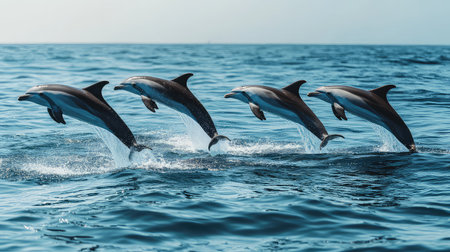 A stunning scene captures dolphins gracefully leaping from the bright blue ocean, showcasing their playful spirit in a serene marine environment.の素材