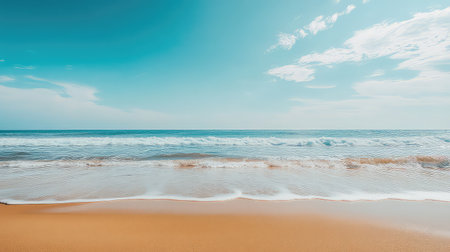 A picturesque coastal scene featuring a gentle surf meeting soft sand under a bright blue sky. Perfect for evoking feelings of peace and relaxation.の素材