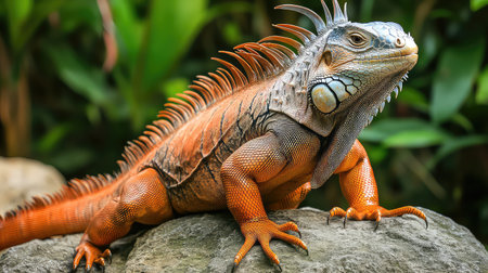 This stunning portrait captures a vibrant iguana basking in a natural setting. The reptile showcases striking colors, intricate scales, and a fierce pose, making it an exceptional glimpse into wildlife.の素材