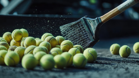 A vibrant scene capturing tennis balls scattered on a court, with a racket sweeping up dust. This image embodies the energy and excitement of the sport.の素材