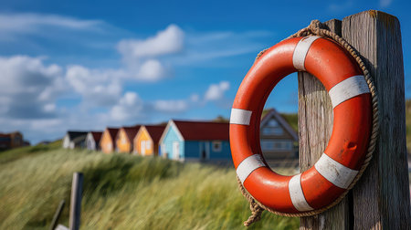 A vibrant lifebuoy hanging on a wooden post sets the scene near colorful coastal cottages by the sea, surrounded by green grass and a bright blue sky.の素材