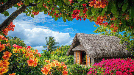 A tranquil tropical cottage nestled among vibrant flowers and lush greenery, offering a peaceful retreat under a bright blue sky with fluffy clouds.の素材