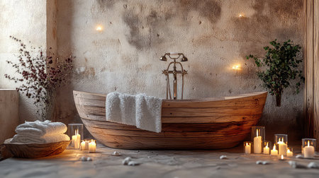 A serene bathroom setting featuring a wooden bathtub surrounded by soft towels, glowing candles, and delicate flowers, creating a peaceful atmosphere for relaxation.の素材