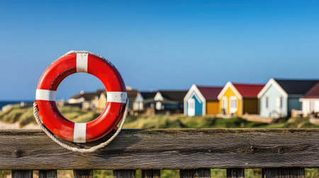 A vibrant red lifebuoy hangs on a rustic wooden fence, with a backdrop of cheerful colorful beach huts under a clear blue sky, perfect for summer escapades.の素材