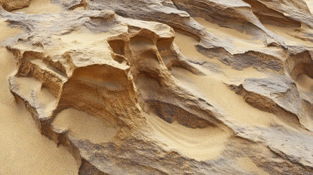 Captivating close-up of a sandstone formation showing intricate textures and patterns, highlighted by warm tones in a serene outdoor environment.の素材