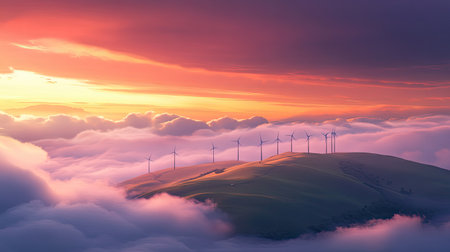 A stunning view of wind turbines at sunrise, surrounded by colorful clouds and soft fog. This captivating landscape highlights renewable energy in harmony with nature.の素材