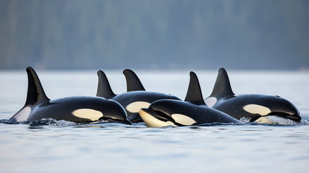 This captivating image captures a group of four orcas swimming together in calm ocean waters, showcasing their distinctive markings and playful nature.の素材