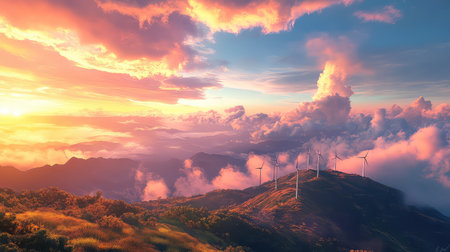 This stunning landscape captures a vibrant sunset over rolling hills adorned with wind turbines, enhancing the serene ambiance of nature's beauty.の素材