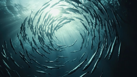 A mesmerizing display of fish swimming in a circular formation beneath the surface of the ocean, illuminated by sunbeams. This image captures the beauty and tranquility of aquatic life in its natural habitat.の素材
