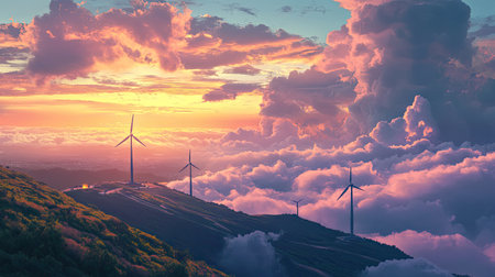 A breathtaking sunset illuminates a serene landscape featuring wind turbines on a mountain. The colorful clouds reflect the beauty of nature and renewable energy.の素材