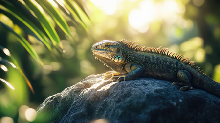 This captivating image features a colorful lizard resting on a rock, framed by lush greenery in a vibrant jungle setting. Sunlight filters through the leaves, highlighting the lizard's intricate details and scales, capturing the essence of wildlife in harmony with nature.の素材