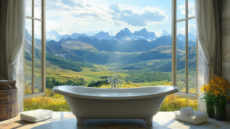 Experience ultimate relaxation in a luxurious bathtub with breathtaking views of distant mountains and lush landscapes, perfect for a serene escape.の素材