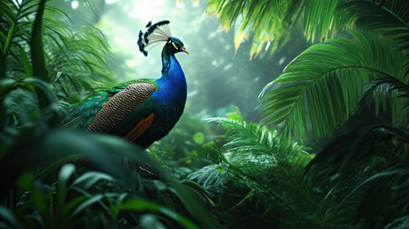 A stunning peacock stands majestically among lush tropical foliage, showcasing its vibrant feathers. This captivating scene embodies the beauty of nature in a serene rainforest environment.の素材