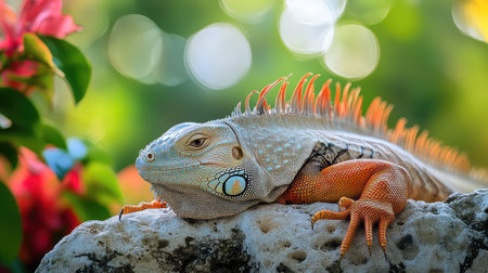 A detailed close-up of a lizard resting on a rock, surrounded by vibrant flowers in a natural setting, showcasing relaxed behavior and vivid colors.の素材