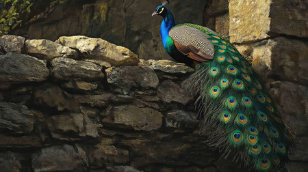 A stunning peacock showcases its vibrant feathers perched gracefully on a rustic stone wall, embodying beauty and elegance in a natural habitat setting.の素材