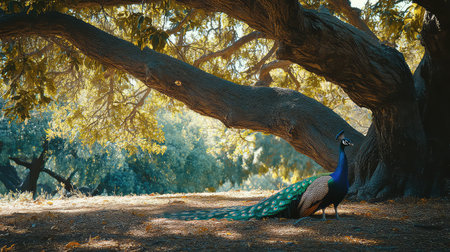 A stunning peacock poses elegantly beneath a large tree, showcasing its vibrant feathers. The scene encapsulates the serene beauty of nature in sunlight.の素材