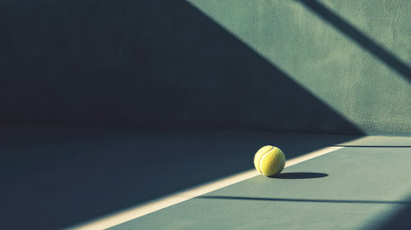 A solitary tennis ball rests on a beautifully textured court, with striking shadows and contrasting lines creating a serene and minimalist atmosphere.の素材