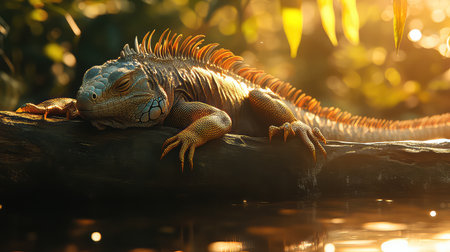 A serene iguana rests on a sun-drenched log by the water, capturing the essence of tropical wildlife. The vibrant colors and tranquil setting create a peaceful moment, ideal for nature lovers and wildlife enthusiasts.の素材