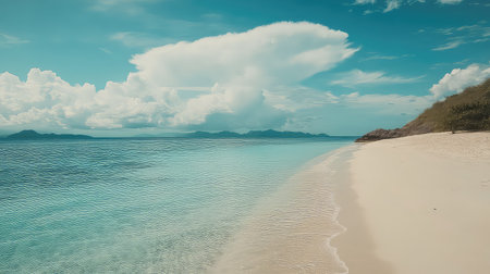 Escape to a serene tropical beach featuring crystal clear waters and soft white sand, framed by beautiful clouds and distant mountains. Experience pure tranquility.の素材