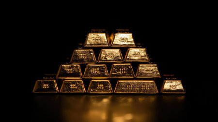 A captivating pyramid arrangement of gold bars radiates elegance and wealth against a dark backdrop, symbolizing investment and financial prosperity.の素材