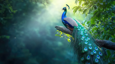 A stunning peacock stands on a branch, showcasing its magnificent plumage amidst lush trees. The sunlight casts a soft glow, enhancing natureの素材