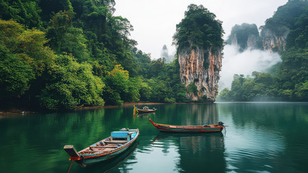 Explore a tranquil landscape featuring colorful boats resting on calm waters, surrounded by lush greenery and majestic misty mountains.の素材