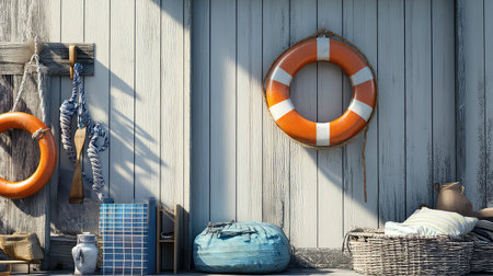 A serene coastal retreat showcasing a life preserver on a wooden wall, complemented by nautical decor items. Ideal for summer relaxation and seaside themes.の素材