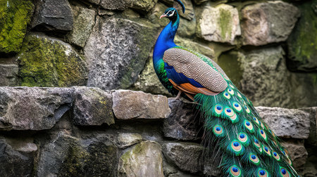 A stunning peacock showcases its vibrant plumage while perched on a stone wall, exemplifying beauty and elegance in a natural setting.の素材