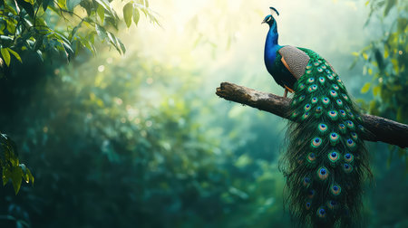 A stunning peacock stands gracefully on a branch, displaying its vibrant plumage in soft morning light, surrounded by lush greenery, embodying tranquility and beauty in nature.の素材