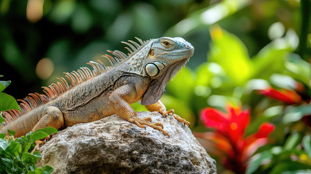 A vibrant iguana calmly rests on a rock, surrounded by lush greenery and colorful tropical plants. This close-up captures the serene beauty of wildlife in its natural habitat.の素材