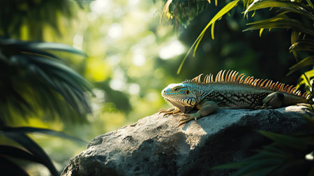 A stunning iguana basks on a rock amidst vibrant tropical foliage, illuminated by soft sunlight. This image captures the essence of wildlife in harmony with nature.の素材