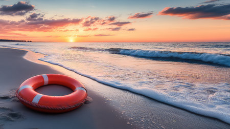 A vibrant sunset casts stunning colors over calm ocean waves, with an orange lifebuoy resting on a sandy beach, evoking tranquility and safety.の素材