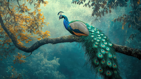 A stunning peacock showcases its vibrant plumage while perched gracefully on a branch, framed by lush greenery and a soft mist, embodying serenity.の素材