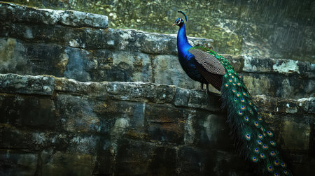 A stunning peacock stands gracefully against an ancient stone wall, showcasing its vibrant plumage in the rain. The brilliant colors contrast beautifully with the rugged backdrop, creating a serene and picturesque atmosphere.の素材