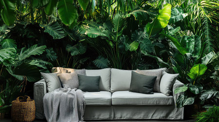 A cozy sofa elegantly placed in a lush indoor jungle setting filled with rich greenery, creating a perfect space for relaxation and tranquility.の素材
