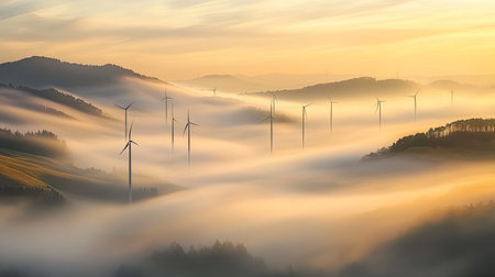 A breathtaking view of wind turbines silhouetted against a golden sunrise, surrounded by misty valleys and rolling hills, epitomizing serene landscapes.の素材